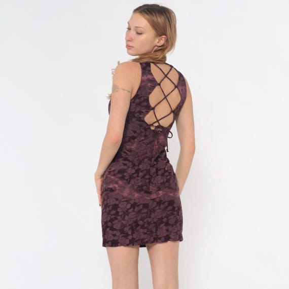 Halter Mini Dress 90s Floral Purple Burgundy Plum Sleeveless Crossback Strappy Bodycon Club Party Going Out Dark Romantic Extra Small XS