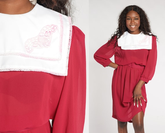 Sheer Red Dress 80s Midi Dress White Floral Embroidered Bib Blouson Retro High Waist Long Puff Sleeve Secretary Vintage 1980s Small Medium