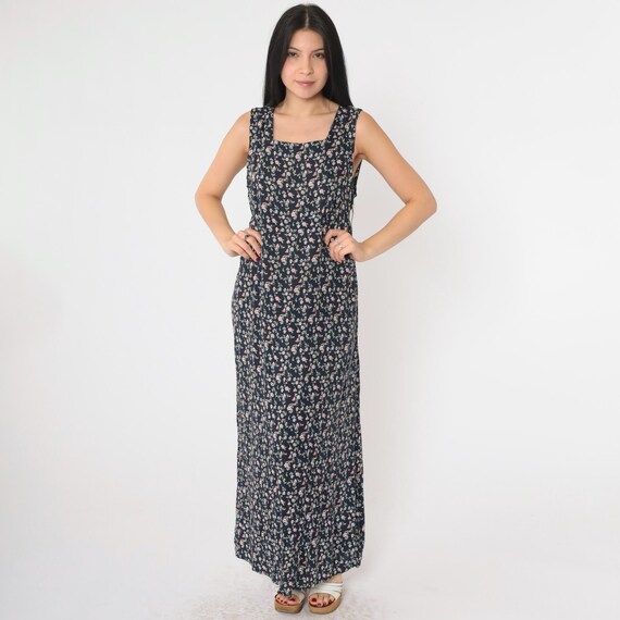 90s Floral Maternity Dress Vintage Navy Blue Flower SunDress Boho Sun Bohemian High Waist Maxi 1990s Sleeveless Square Neck Large xl