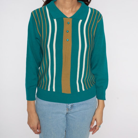 Striped Polo Sweater Teal Striped Sweater 80s Nec… - image 6