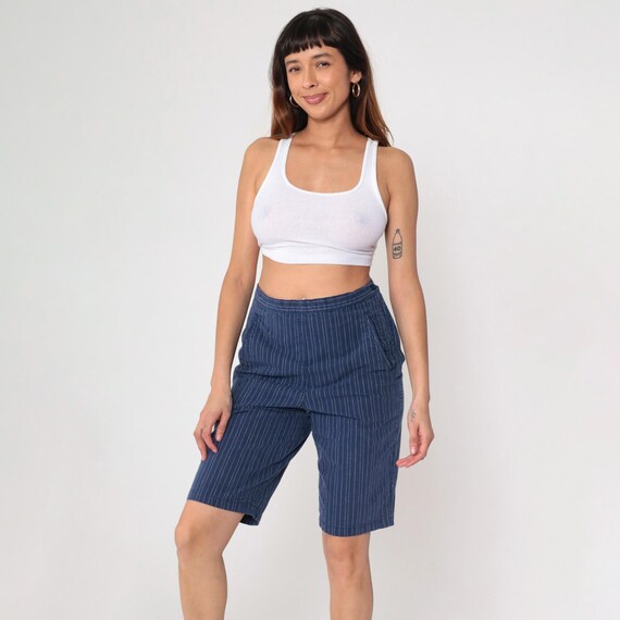 Vintage 90s Striped Bermuda Shorts Navy Blue Gap Pinstripe Shorts Cotton Preppy Slim Fit High Waist 1990s Medium M