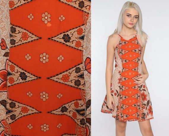 Batik Dress Orange Floral Mini 90s Sundress Grung… - image 1