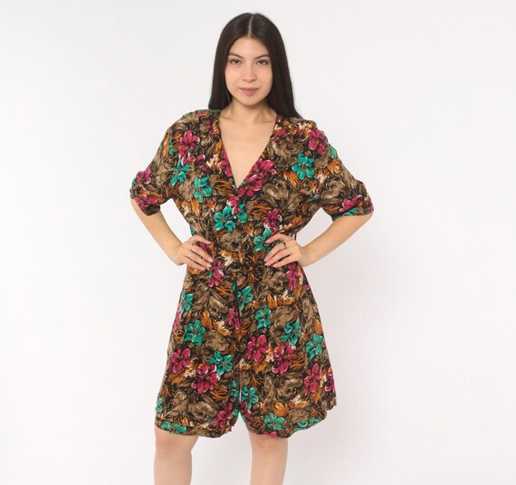 90s Floral Romper Tropical Print Playsuit Short Sleeve Jumpsuit Pink Teal Brown Earth Tone Summer Beach Vacation One Piece Vintage Medium M