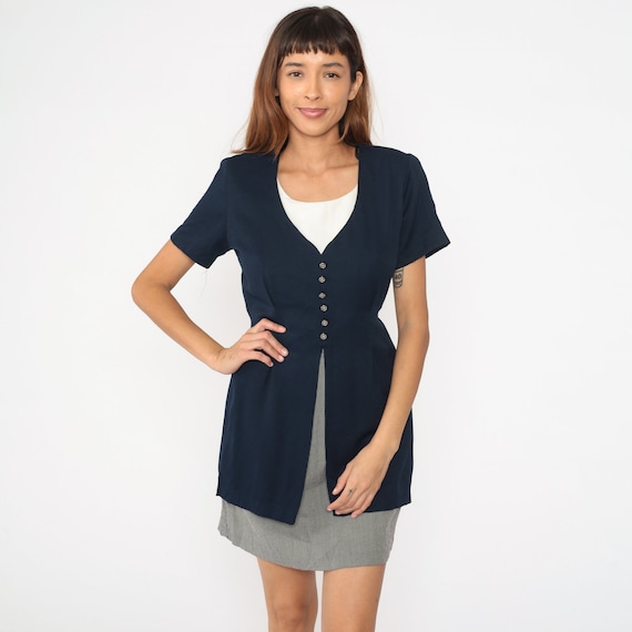 Grunge Mini Dress 90s Navy Blue Twofer Checkered Print Dress Button Up Dress 1990s Attached Jacket Short Sleeve Vintage Preppy 2fer Medium 8