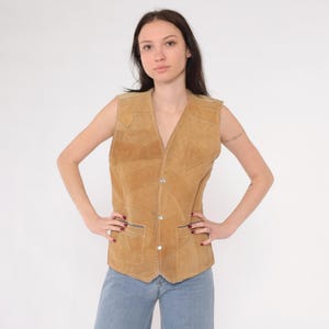 Vintage Suede Sherpa Vest 70s 80s Tan Patchwork Leather Vest Top Faux Shearling Sleeveless Jacket Western Snap Up Bohemian 1970s Small S
