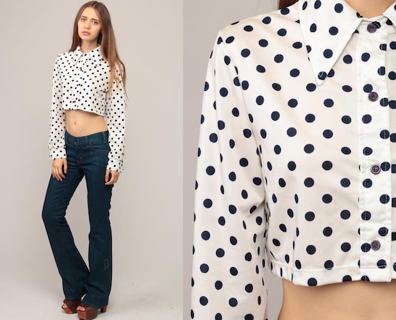 Polka Dot Shirt Crop Top Cropped Blouse 70s Bohemian Button Up White Blue Disco Top Boho Hippie 1970s Hippie Long Sleeve Small Medium