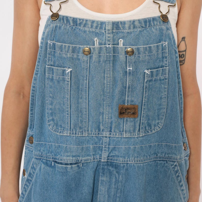 Y2K Denim Overalls Light Wash Big Smith Wide Leg Cropped Frayed Hem Blue Dungarees Carpenter Style Vintage Cotton Workwear Relaxed Medium M image 7