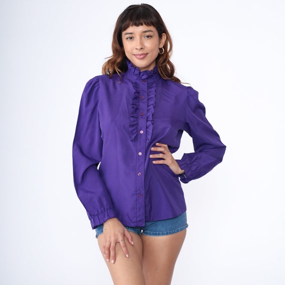 Purple  Ruffle Blouse 80s Tuxedo Button Up Top Ro… - image 2