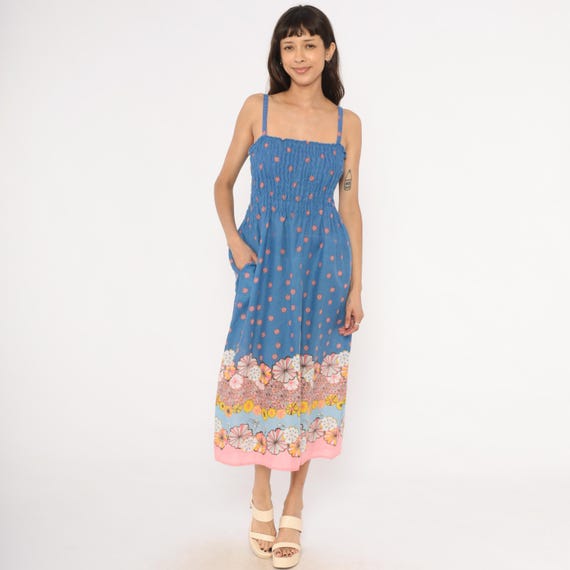 Smocked Bodice Sundress Blue Floral Border Print Midi Spaghetti Strap Cotton Prairie Summer Sleeveless Pink Yellow Flower Garden 70s Large L