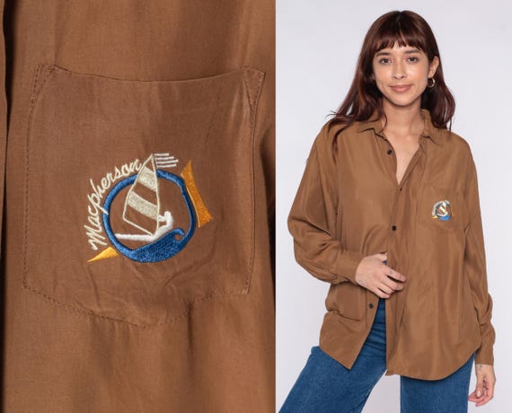 Sailboat Embroidered Shirt 90s Brown Tan Camel Long Sleeve Collared Pocket Blouse Neutral Beige Top Vintage Preppy Office Casual Large L