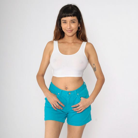 90s Guess Jean Shorts Turquoise Denim Mid Rise Waist Shorts Retro Shorts High Waist Summer Shorts Normcore Streetwear Vintage 1990s Small 30