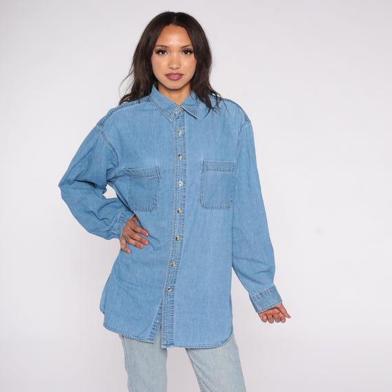 90s Denim Shirt Medium Wash Button Up Long Sleeve Cotton Vintage Blue Jean Workwear Utility Blue Collar Dual Front Pocket Extra Large XL
