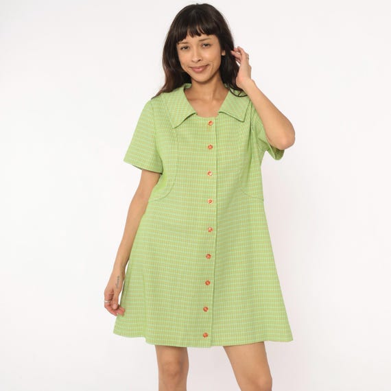 70s Green Checkered Mini Mod Dress Collared Short Sleeve Lime Plaid Check Pattern Cottagecore Prairie Vintage Summer Spring Pastel Large L