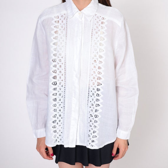 Cutout Lace Blouse 90s White Button up Shirt Boho… - image 6