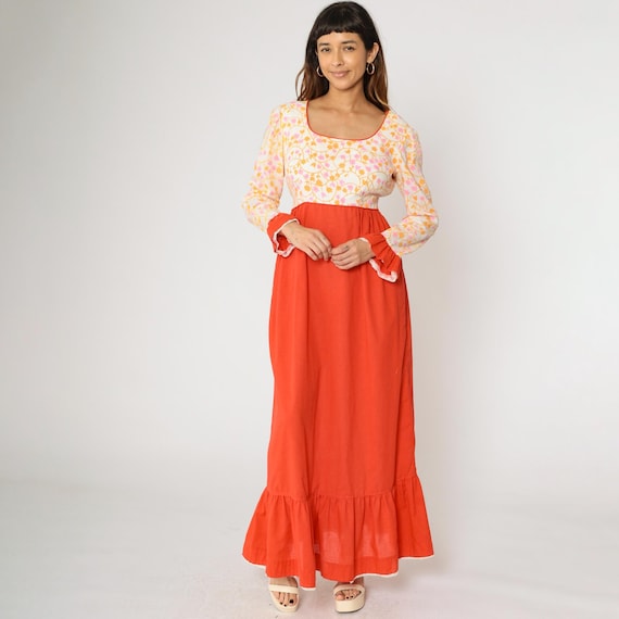 Vintage Boho Maxi Dress 70s Floral Prairie Dress Puff Sleeve Orange Flounce Hem White 1970s Hippie Bohemian High Waisted Long Medium 8