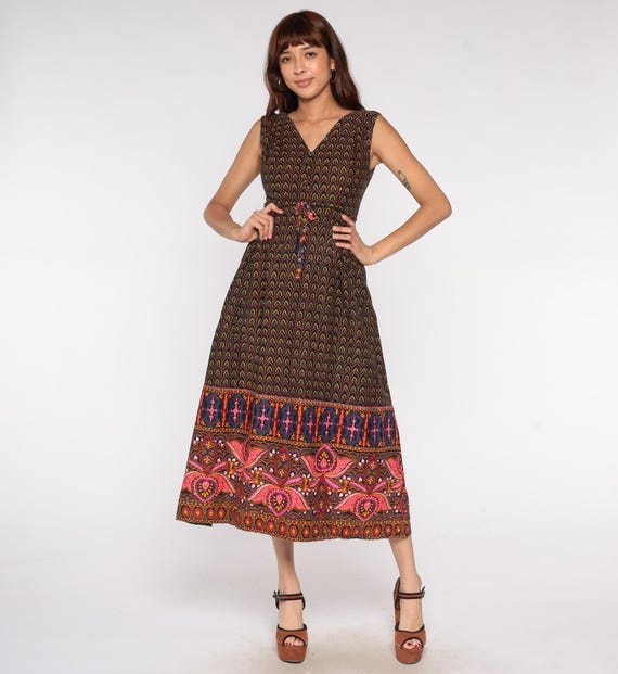 Psychedelic Maxi Dress 70s Hawaiian Honolulu Cotton V Neck Sleeveless Hippie Festival Dress Pink Navy Yellow Orange Tie Waist Boho Small S 4