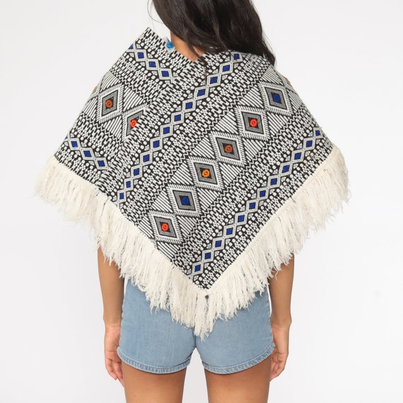 Embroidered Poncho Aztec MEXICAN Shawl FRINGE Cap… - image 5