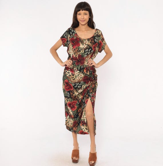 90s Floral Leopard Wrap Style Midi Dress Short Sleeve Animal Print Red Black Tan Tropical Hibiscus Mixed Pattern Lew Magram Vintage Large L