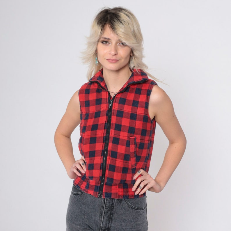 Buffalo Plaid Vest 90s Insulated Vest Red Plaid Flannel Vest Sleeveless Jacket Winter 1990s Zip Up Lumberjack Vintage Black Extra Small xs image 2