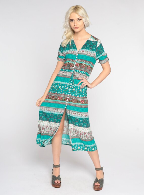 Boho Midi Dress Y2K Turquoise High Slit Floral St… - image 2