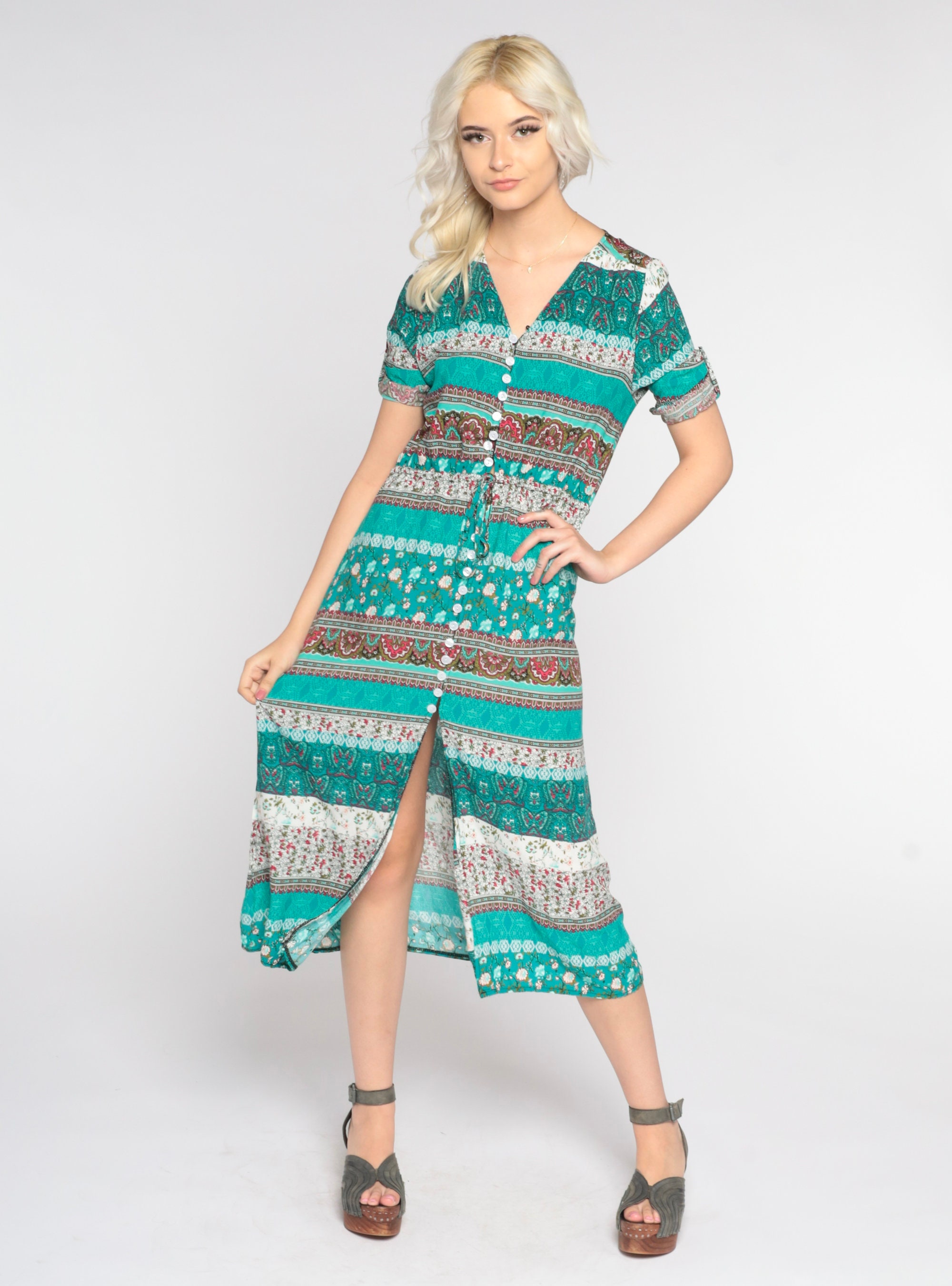 Boho Midi Dress Y2K Turquoise High Slit Floral Striped Paisley Dress