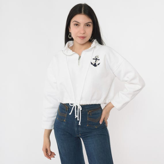 Vintage 90s White Anchor Sweatshirt Embroidered Half Zip Pullover Cropped Nautical Sweatshirt 1990s Coastal Style Drawstring Waist Large L