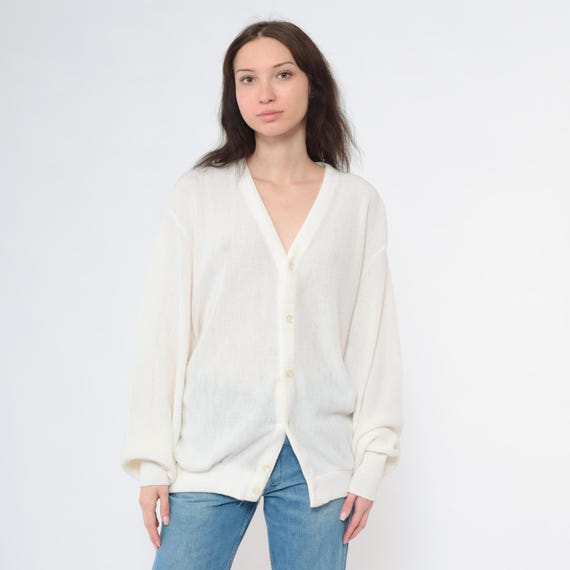 Vintage White Cardigan 80s Button Up Knit Sweater V Neck Plain Basic Retro Grandpa Sweater Slouchy 1980s Jantzen Extra Large xl