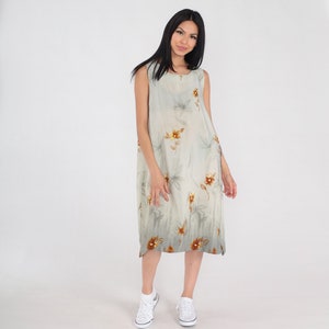 Floral Sundress 90s Semi-Sheer Green Tent Dress Knee Length Midi Flowy Trapeze Sleeveless Summer Day Sun Flower Print Vintage 1990s Large L
