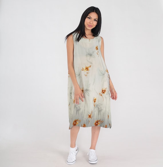 Floral Sundress 90s Semi-Sheer Green Tent Dress Knee Length Midi Flowy Trapeze Sleeveless Summer Day Sun Flower Print Vintage 1990s Large L