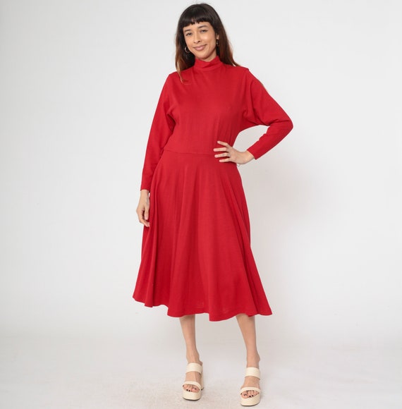 Vintage 90s Red Wool Dress Mock Neck Long Sleeve Midi Fit and Flare Minimalist A-Line 1990s Low Waist Pocket Dress Small 4