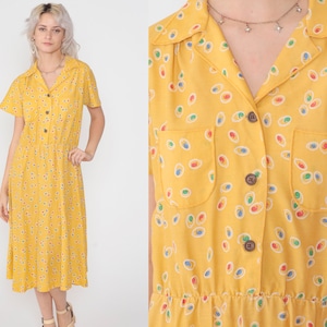 80s Day Dress Yellow Midi Dress Abstract Dot Print Button up Shirtwaist Short Sleeve Collared V Neck Retro Vintage 1980s Avon Extra Large xl image 1
