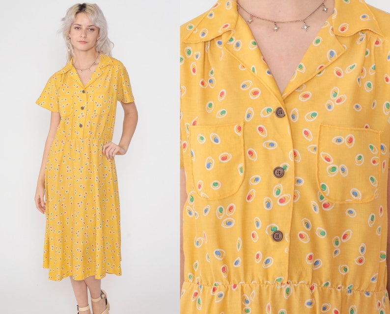 80s Day Dress Yellow Midi Dress Abstract Dot Print Button up Shirtwaist Short Sleeve Collared V Neck Retro Vintage 1980s Avon Extra Large xl image 1