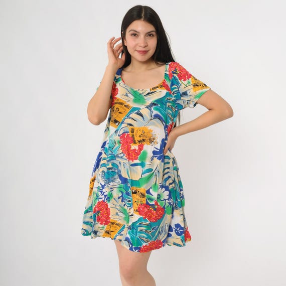 Y2K Jam’s World Dress Novelty Print Tropical Hawaiian Postcard Graphics Rayon Summer Mini Day Dress Short Sleeve Island Vacation Small S