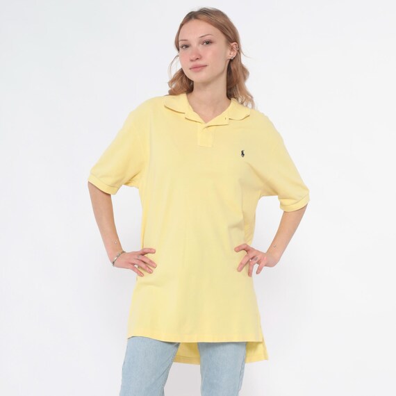 Yellow Polo Shirt 90s Ralph Lauren Cotton Tunic Top Preppy Minimalist Pale Butter Lemon Collared Button Front Clean Girl Shirt Large L