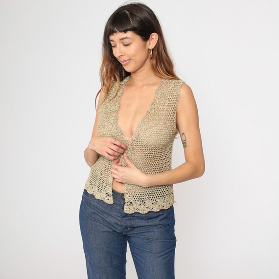 Vintage Gold Crochet Vest 70s Metallic Knit Top Hippie Boho Vest Open Weave Sheer 1970s Bohemian Sleeveless Sweater Small S