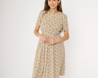 Vestido floral vintage de los años 90 con textura enrejada, midi, verde pastel, rosa, grunge, bohemio, retro, de día, manga corta, cintura alta, informal, años 90, talla pequeña 6