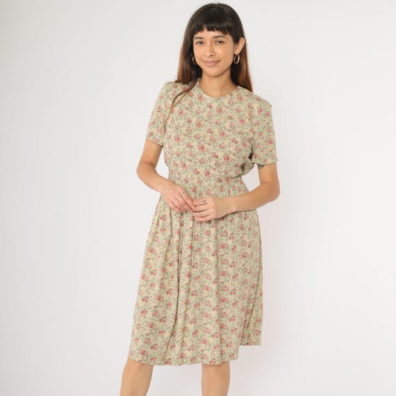 Vintage Floral Dress 90s Lattice Textured Midi Pastel Green Pink Grunge Boho Retro Day Short Sleeve High Waisted Casual 1990s Small 6 Petite