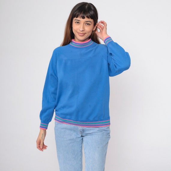 Blue Mock Neck Sweatshirt 90s Pink Ringer Pullover Mockneck Sweatshirt Basic Plain High Collar Solid Long Sleeve Shirt Vintage 1990s Small