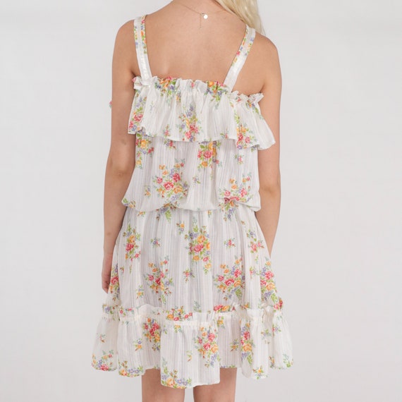 White Floral Dress 70s Mini Sundress Ruffle Blous… - image 7