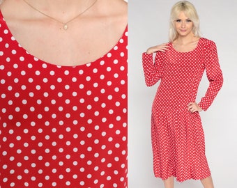 Polka Dot Dress 90s Red Midi Dress Long Sleeve Low Drop Waist Pleated Secretary Dress Retro Modest Preppy Leslie Fay Vintage 1990s Medium 10