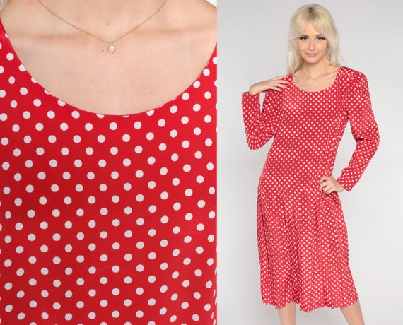 Polka Dot Dress 90s Red Midi Dress Long Sleeve Lo… - image 1