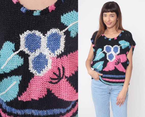 80s Knit Top New Wave Black Hot Pink Floral Electric Blue