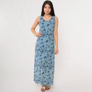 Blue Floral Maxi 90s Dress Grunge Alternative Summer Sleeveless Long Tank Style Bodycon Fit Stretch Knit Casual Medium M