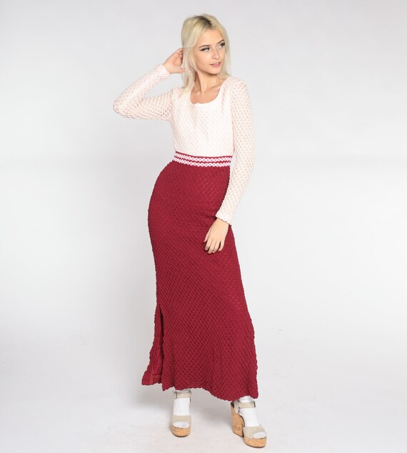 70s Crochet Dress Mod Maxi Dress Burgundy White Bohemian High Waisted Boho Open Weave Knit Party Cocktail Long Sleeve Vintage 1970s Small S