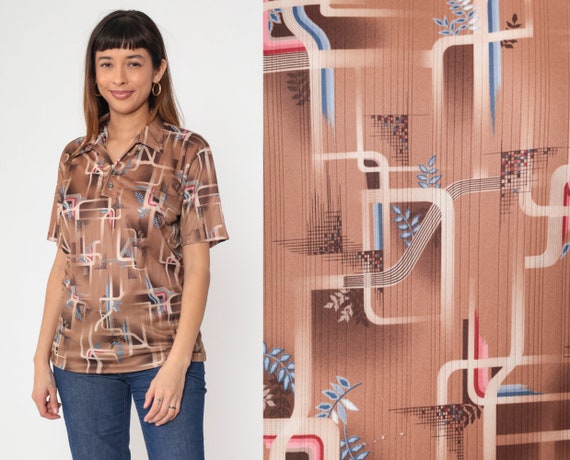 70s Geometric Shirt Brown Psychedelic Shirt Collared Polo Shirt Dagger Collar V Neck Boho Top Vintage 1970s Short Sleeve Men's Medium Large