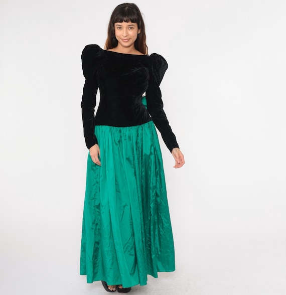 80s Velvet Party Dress Green Taffeta Dress Bow Back Drop Waist Puff Sleeve Maxi Formal Black 1980s Cocktail Prom Gown Medium 8