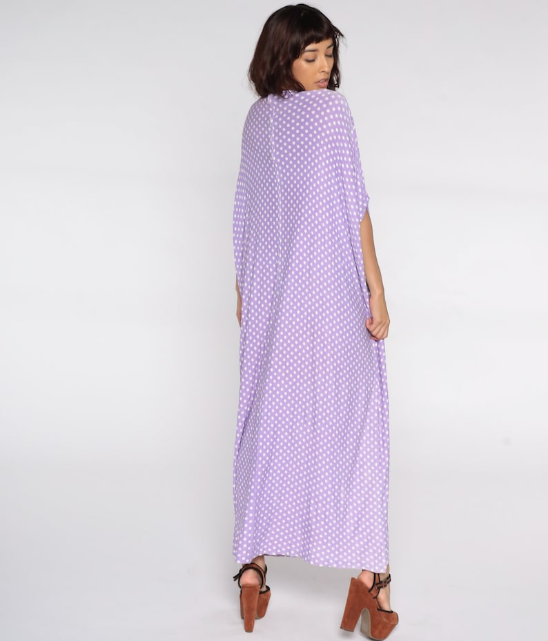 Hippie Caftan Dress 70s Maxi Boho Tent Purple Polka Dot Cocoon Dress 1970s Kimono Sleeve Bohemian Vintage Festival Small Medium Large xl image 5