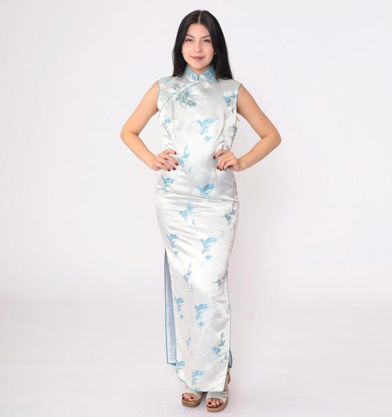 Vintage Satin Cheongsam Dress Dragon Peacock Light Blue Brocade High Slit Mandarin Collar 1980s Asian-Inspired Maxi 80s Small S