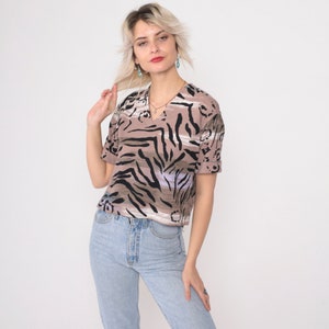 90s Animal Print Tshirt Abstract Tiger Stripe Top Short Cuffed Sleeve Blouse V Neck Black Taupe Retro Vintage 1990s Petite Small S image 4