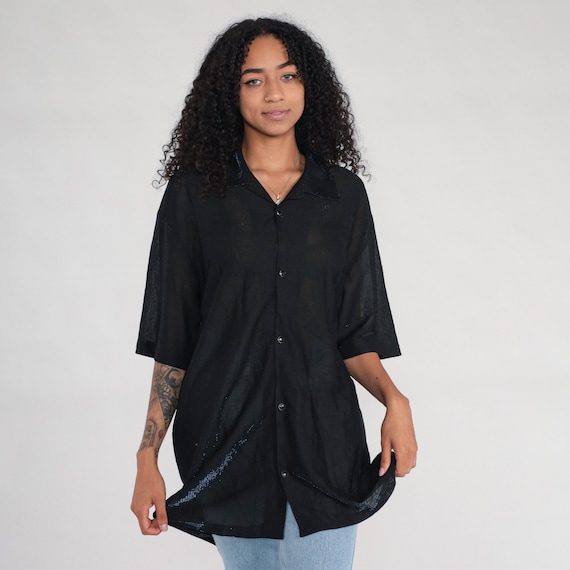 Metallic Black Blouse Blue Sparkly Sheer Shirt 90s Metallic Top Party Glam Button Up Shirt Short Sleeve Club Rave Shirt 00s Extra Large xl